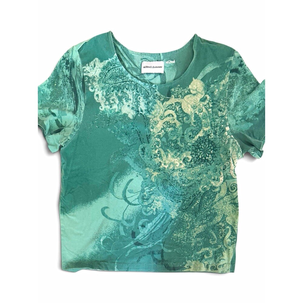 Alfred Dunner Green Paisley Pullover Blouse Women L Short Sleeve Y2K Grannycore
